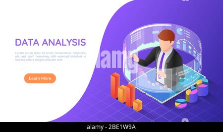 3d isometric web banner businessman on tablet with virtual analytical business reports. Data analysis landing page concept. Stock Vector