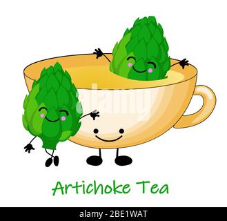 Cup of tea from artichokes. Cute children illustration. Vector illustration on white background Stock Vector