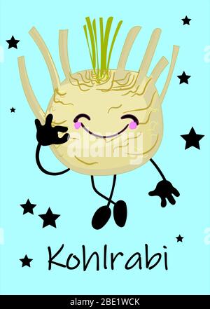 Vector Cartoon Kohlrabi Cabbage.Fresh kohlrabi with green leaves on isolated white backround. Stock Vector