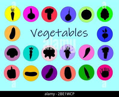 Vegetables web icon set.Big set of food icons, flat style. vegetables. Power icon isolated on background. A collection of ingredients. Vector Stock Vector