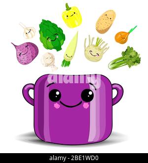 Children's poster with food. Saucepan with cute character vegetables. Stock Vector
