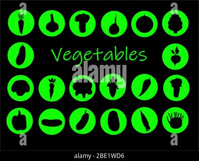 Vegetables web icon set.Big set of food icons, flat style. vegetables. Power icon isolated on background. A collection of ingredients. Vector Stock Vector