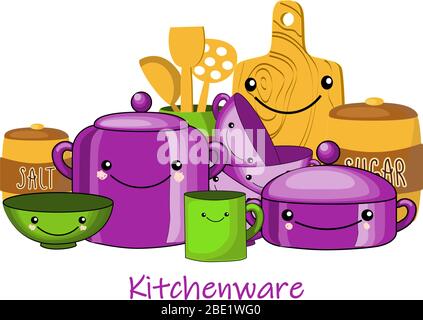 Children's tableware set. Isolated objects on white background. Vector Stock Vector