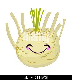 Vector Cartoon Kohlrabi Cabbage.Fresh kohlrabi with green leaves on isolated white backround. Stock Vector