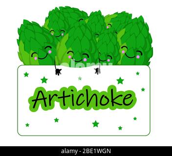 Sticker or logo for artichoke tea, fresh vegetables and other wholesome food. Cute characters. Stock Vector