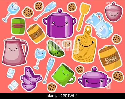 Vector set of children's kitchen and cooking drawings icons in doodle style Stock Vector