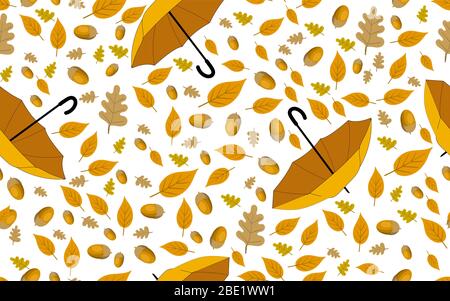 seamless autumn pattern with yellow leaves and rain umbrella. Stock Vector