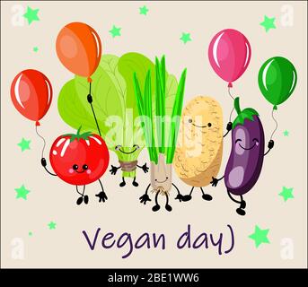 A fun collection of plant cartoon characters. Vector vegetable isolates. Set of various cute happy vegetable characters. Vector flat illustration on Stock Vector