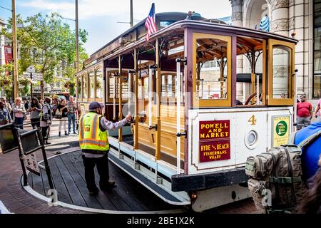 San Francisco, California - August 21 2019: Cable Car, a unique transportation of San Francisco. Stock Photo