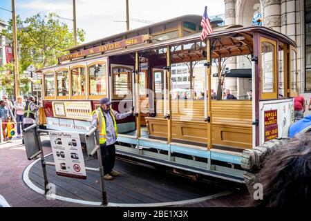 San Francisco, California - August 21 2019: Cable Car, a unique transportation of San Francisco. Stock Photo