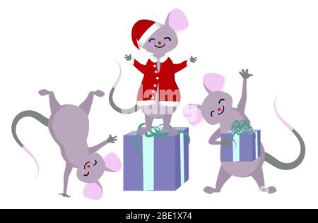 Chinese zodiac sign Year of the Rat, cute mice with gifts and wishes Stock Vector