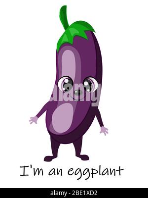 Shiny violet or purple eggplant vegetable cartoon character with happy smiling face showing thumb , for agriculture or vegetarian cooking design. Stock Vector