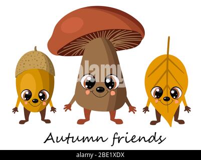 autumn mushroom mushroom, oak acorn and yellow leaf from the tree. Cute cartoon funny characters. Decorating autumn cups and prints.. Stock Vector