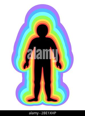 The aura of the body. Rainbow color marked layers of the male body. Etheric, emotional, metallic, astral, celestial and causal layer. illustration Stock Photo