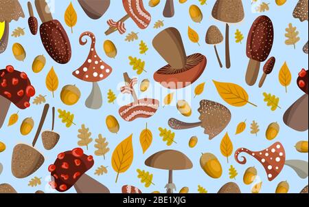 Autumn seamless pattern. Pattern with forest mushrooms, acorns and yellow leaves. Stock Vector