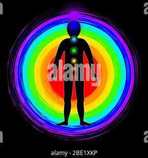 The aura of the body. Rainbow color marked layers of the male body. Etheric, emotional, metallic, astral, celestial and causal layer. illustration Stock Photo