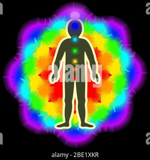 The aura of the body. Rainbow color marked layers of the male body. Etheric, emotional, metallic, astral, celestial and causal layer. illustration Stock Photo