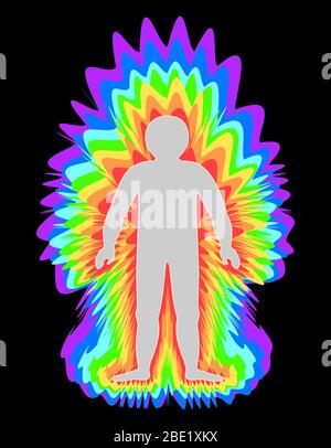 The aura of the body. Rainbow color marked layers of the male body. Etheric, emotional, metallic, astral, celestial and causal layer. illustration Stock Photo