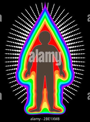 The aura of the body. Rainbow color marked layers of the male body. Etheric, emotional, metallic, astral, celestial and causal layer. illustration Stock Photo