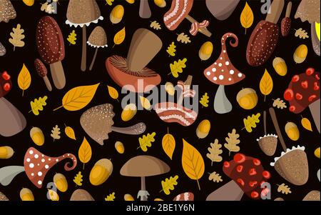 Autumn seamless pattern. Pattern with forest mushrooms, acorns and yellow leaves.. Stock Vector