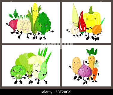 set of cute vegetables with eyes and smiles on a white background. In collection 4 pictures. Stock Vector