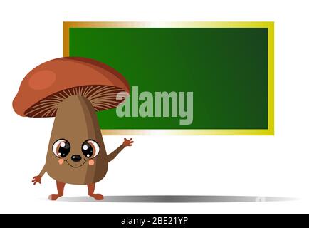 Autumn mushroom on the background of the school chalk board. horizontal learning poster with space for text. Stock Vector