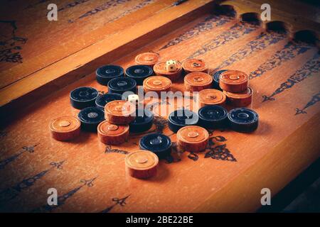 Old wooden backgammon board game Stock Photo