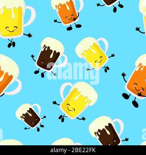 beer festival. seamless pattern blue. funny faces. Stock Vector