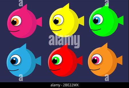 set of 6 cute vector cartoon fishes. marine inhabitants. Stock Vector