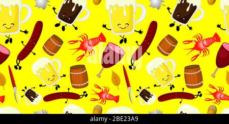 Bright festive seamless pattern for Oktoberfest. beer, sausages and smoked sausages on yellow. Stock Vector