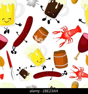 Pint of frothy beer in a glass tankard seamless background pattern with a repeat motif in square format. Stock Vector