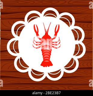 Vector illustration of a big boiled red cancer on a wood background. Stock Vector