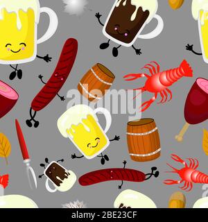 Cartoon cute hand drawn Beer fest seamless pattern. Colorful with lots of objects background. Endless funny vector illustration. Stock Vector