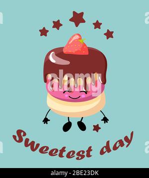 greeting card. Happy sweets cupcake or cake with chocolate icing, eyes and smile. Stock Vector