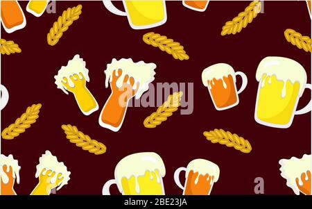 Yellow glass and PINTA WITH BEER seamless pattern DARK BACKGROUND. Stock Vector