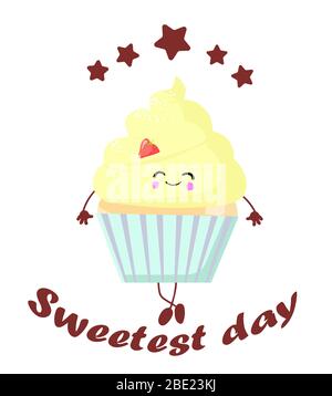 greeting card. Happy sweets cupcake or muffin horn with eyes and a smile. Stock Vector