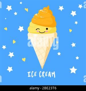 ice cream in waffle cones, ice lolly Kawaii with pink cheeks and winking eyes, pastel colors on light blue background. Vector. Stock Vector