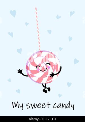 Cartoon kawaii sweet food - pink smiling candy on white background, card template with dessert and text - my sweet candy, cute character. Vector flat Stock Vector