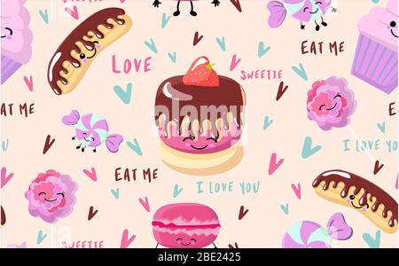 pattern of hand drawn cakes, candies, macaroons, cupcakes, sketch vector illustration. Seamless pattern, backdrop, background, wrapping paper, textile Stock Vector