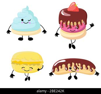 Set of kawaii sweet food - sweets or desserts on white background, cute characters for print, cards. Donut, cake, bun, candy, are smiling. Vector flat Stock Vector
