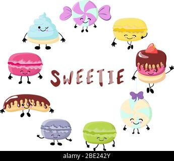 Card design for your text. round frame, wreath. cupcakes, ice cream in waffle cones, ice lolly Kawaii with pink cheeks and winking eyes, pastel colors Stock Vector