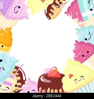 Set of kawaii food - sweets or desserts on white background, cute characters for print, cards. Donut, cake, bun, candy, cotton candy, cup of tea are Stock Vector
