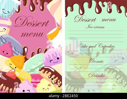 Vector template of dessert, candy, bakery and sweets menu. Sketch hand drawn illustration. Colorful background. Stock Vector