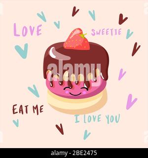 Chocolate cake with strawberry logo. Confectionery vector design. Bakery shop logo. Stock Vector
