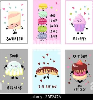 Cards for your holiday cupcakes with cream, ice cream with waffle cones, Kawai popsicles with pink cheeks and winking eyes, pastel colors on. Stock Vector