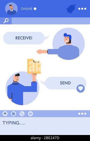 Man send document file or folder to his friend by using messenger application. Concept social media vector illustration. Stock Vector