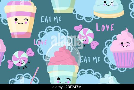 sweets seamless pattern. gentle background with cocktail, cake and cupcakes. Stock Vector
