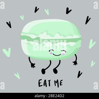 Funny green, mint, lime macaroon character, cartoon style vector illustration on gray background. Cute macaroon smiley character with eyes and legs. Stock Vector