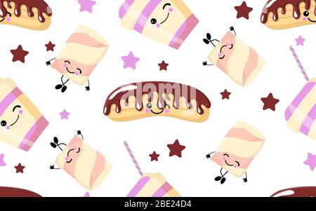 Sweet Desserts Seamless Pattern. eclairs, drinks on a gentle light background. Stock Vector
