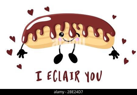 Eclair brewing cake. Sweet eclair with chocolate glaze and custard cream. Tasty dessert. Bread baked food. Bakery shop, pastry. Vector illustration in Stock Vector